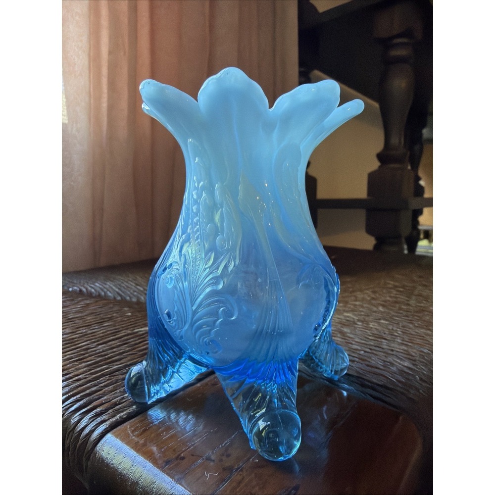 Northwood Blue Opalescent Inverted Fan and Feather Posy Vase